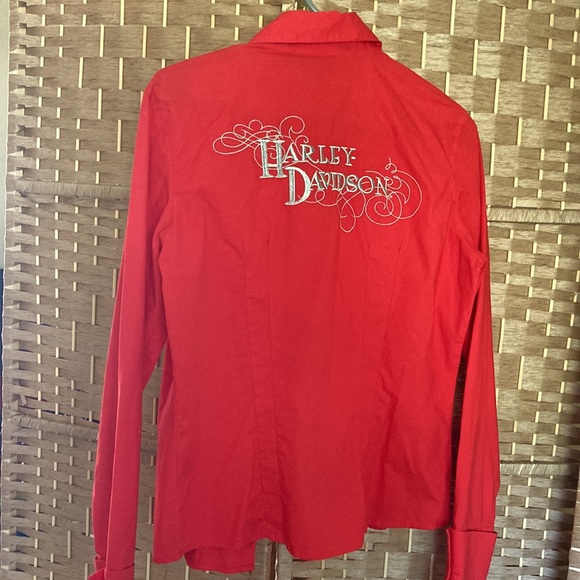 Harley-Davidson Tops - Vintage Harley Davidson M red-coral long sleeve double cuff, button dress shirt.